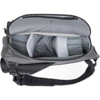 Empty Think Tank MindShift PhotoCross Sling V2 video equipment bag with multiple compartments for cameras and accessories.