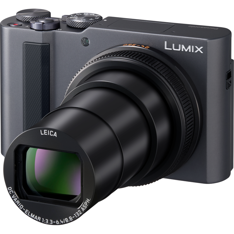 Panasonic LUMIX TZ300 compact camera with a sleek black design, featuring a large lens and LCD screen for instant photography.