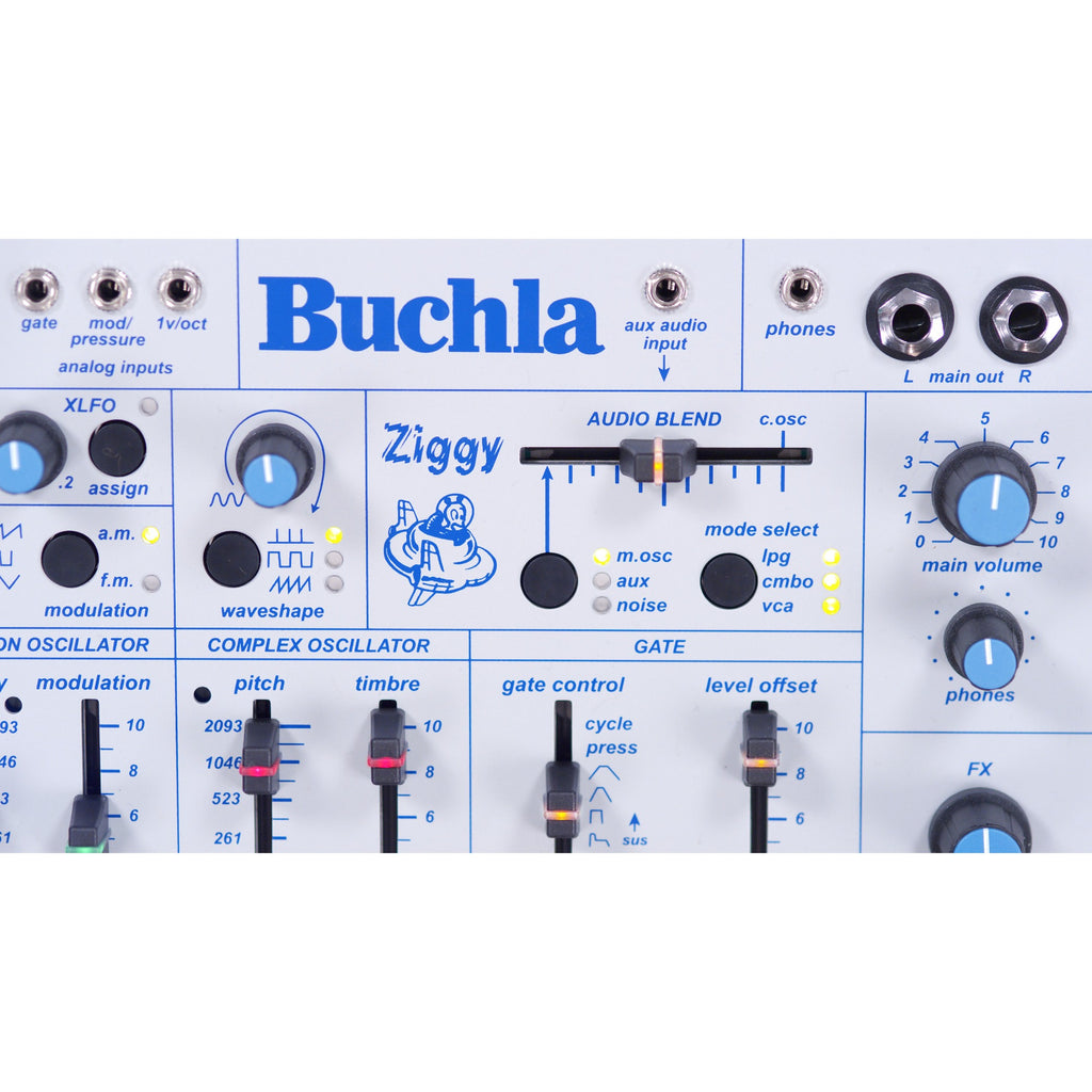Close-up of Buchla Ziggy desktop synthesizer showing brand logo and detailed control panel.