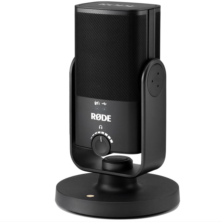 Rode NT-USB Mini USB microphone mounted on a stand with a black grille and compact design for high-quality audio recording.