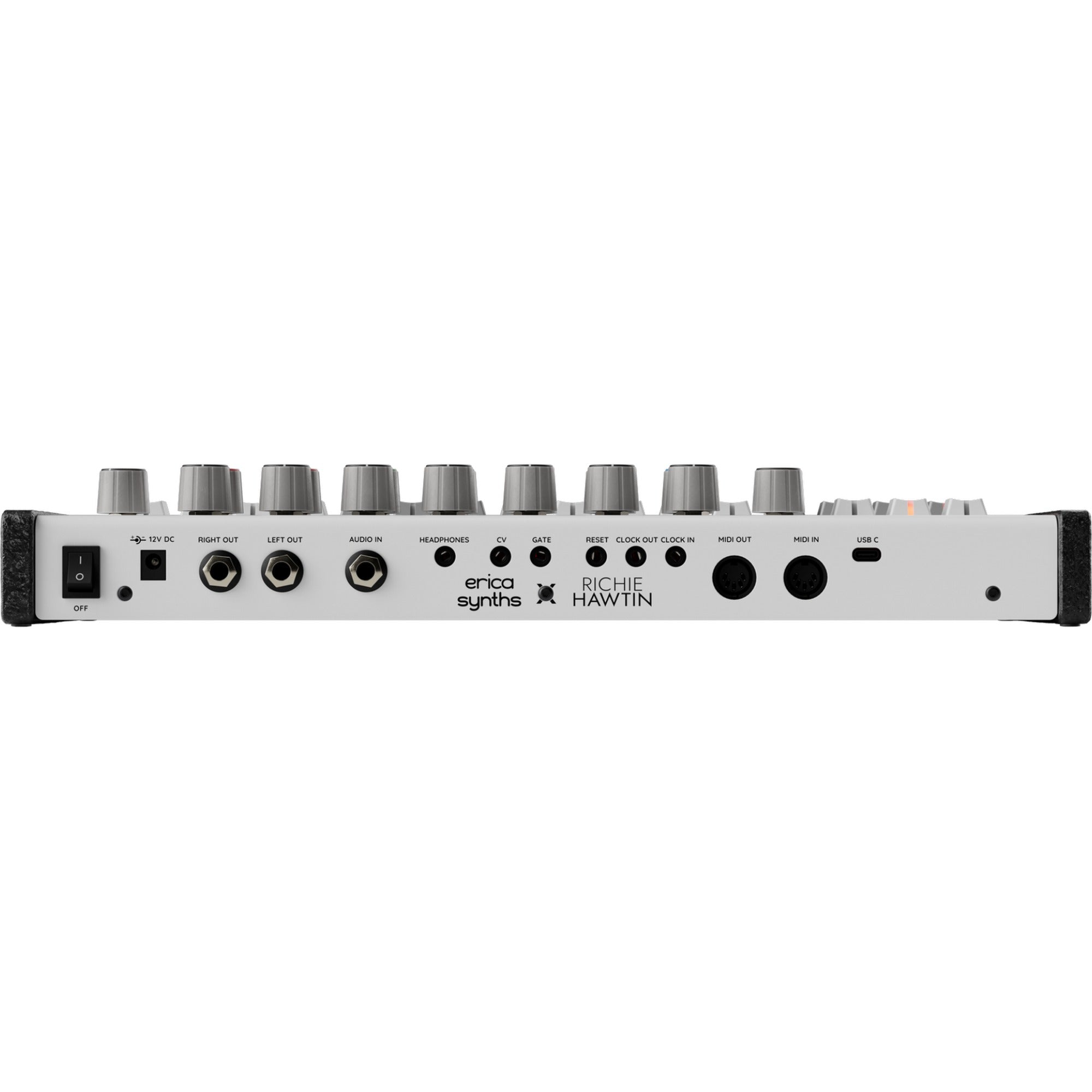 Back view of Erica Synths Bullfrog Drum Machine showing control knobs, connectors, and input/output ports.