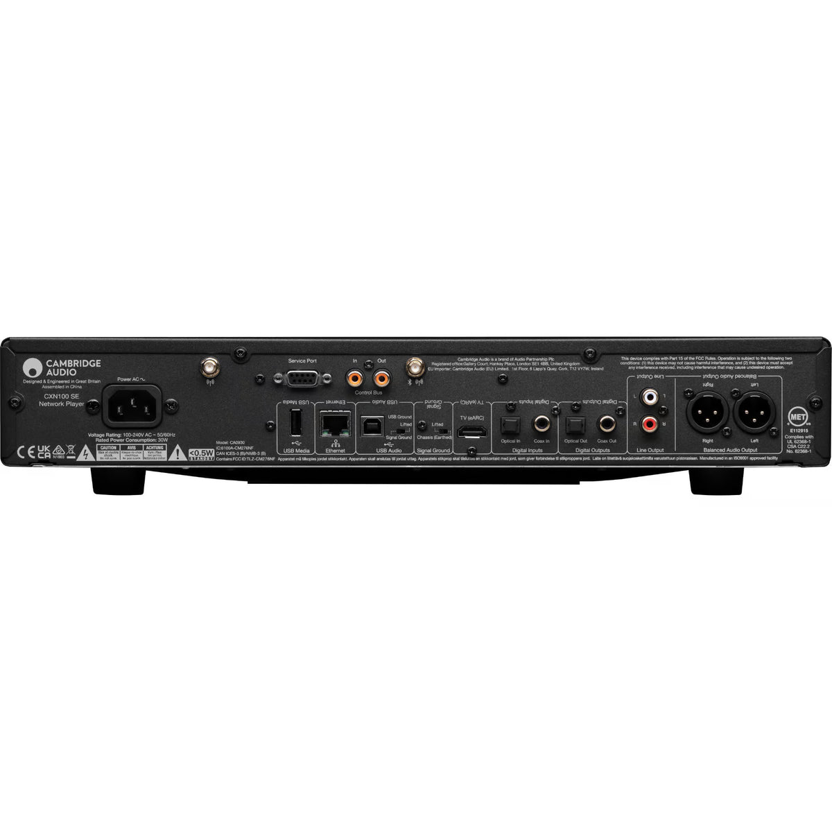 Cambridge Audio CXN100 SE music streamer with front display and various connection ports on a sleek black device.