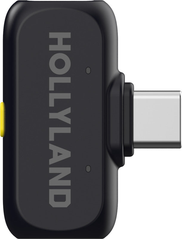 Hollyland Lark A1 Duo creator wireless microphone system with two black transmitters and a receiver, compact and portable.