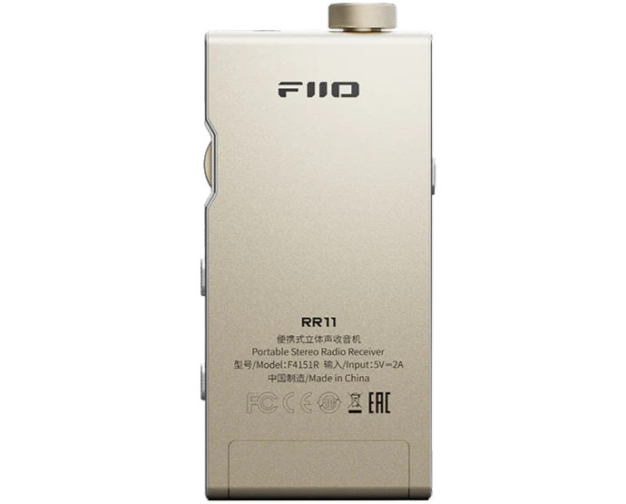 FiiO RR11 radio with digital display, tuning knob, and antenna, showcasing a sleek black design with control buttons.