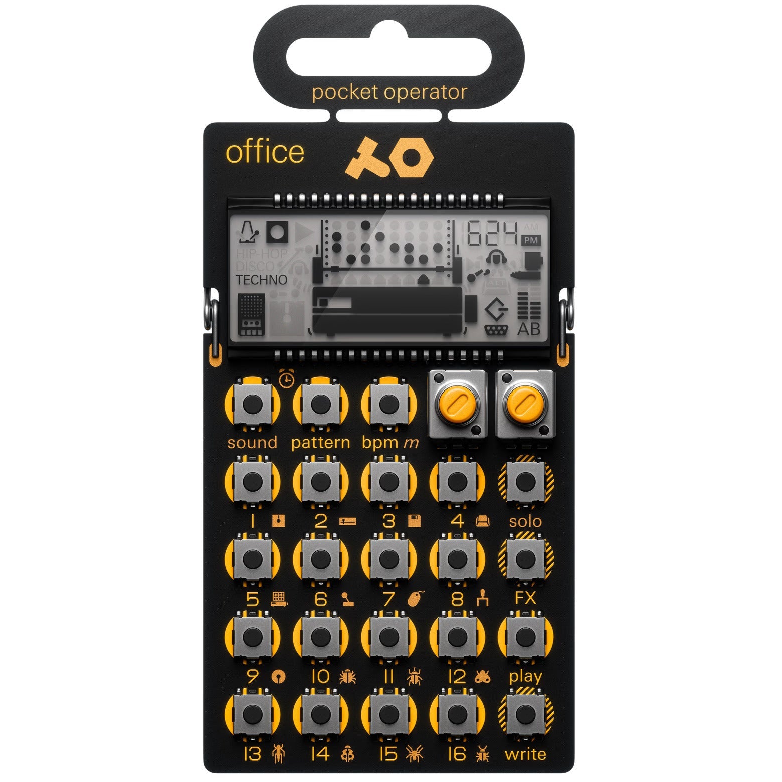 Teenage Engineering PO-24 Office portable music gadget with colorful interface and compact design, displayed with buttons and screen.