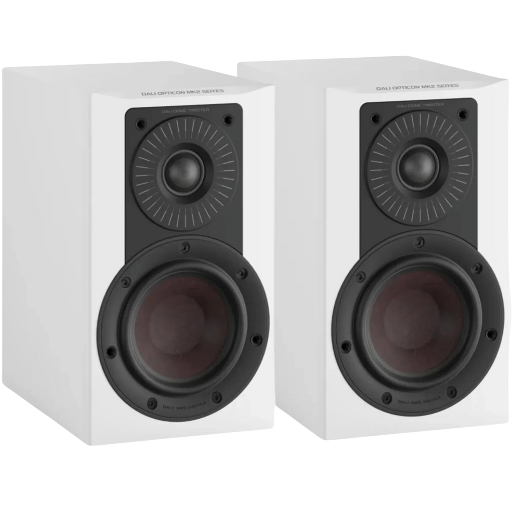 DALI Dali Opticon 1 MK2 passive bookshelf speakers shown with black wood finish and front grille, compact audio speakers for home sound
