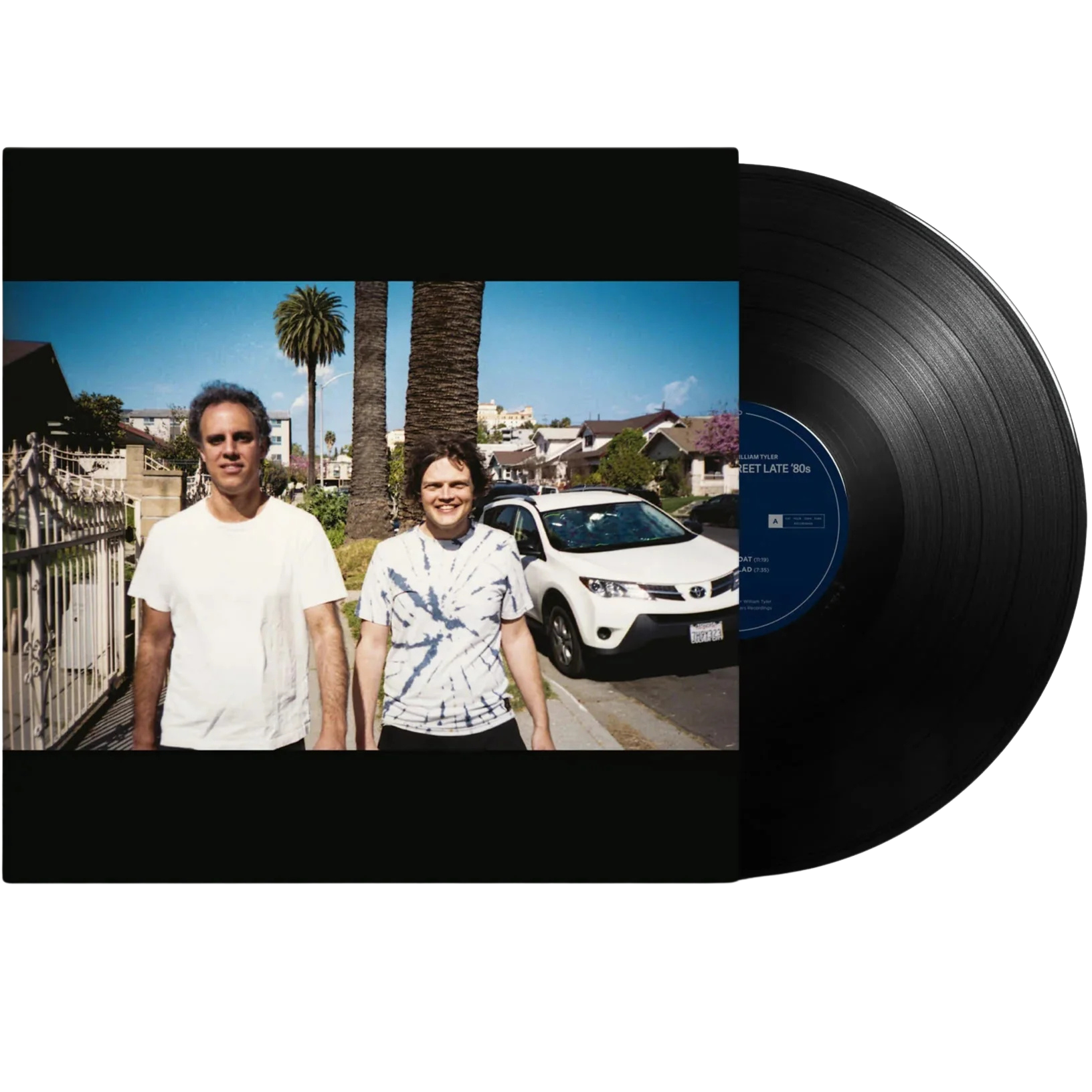 Black vinyl LP titled "41 Longfield Street" by Kieran Hebden & William Tyler, electronic music album with colorful cover art.