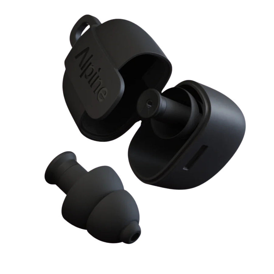 Alpine PartyPlug earplugs for hearing protection, shown in open packaging with bright orange and yellow silicone tips.