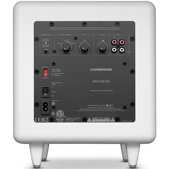 Cambridge Audio MSX Sub 300 subwoofer showing a sleek black speaker with control buttons on the top panel.