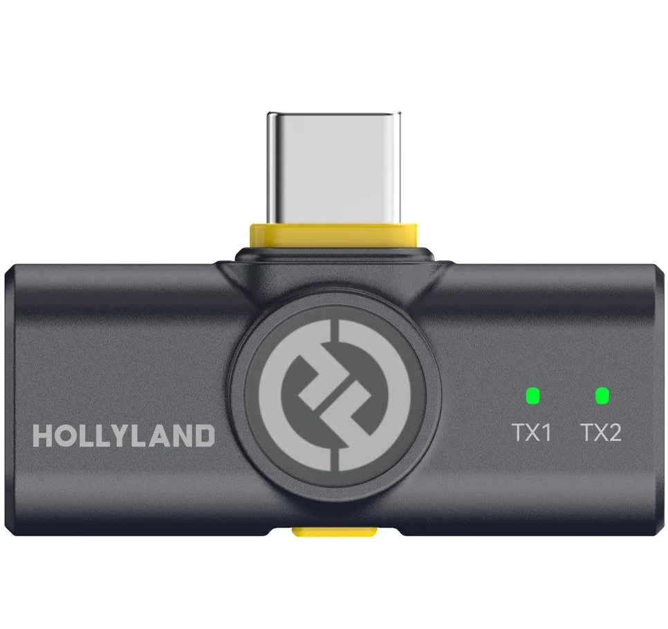 Hollyland Lark M2 USB-C receiver for wireless microphone system, shown in shine charcoal with compact design.