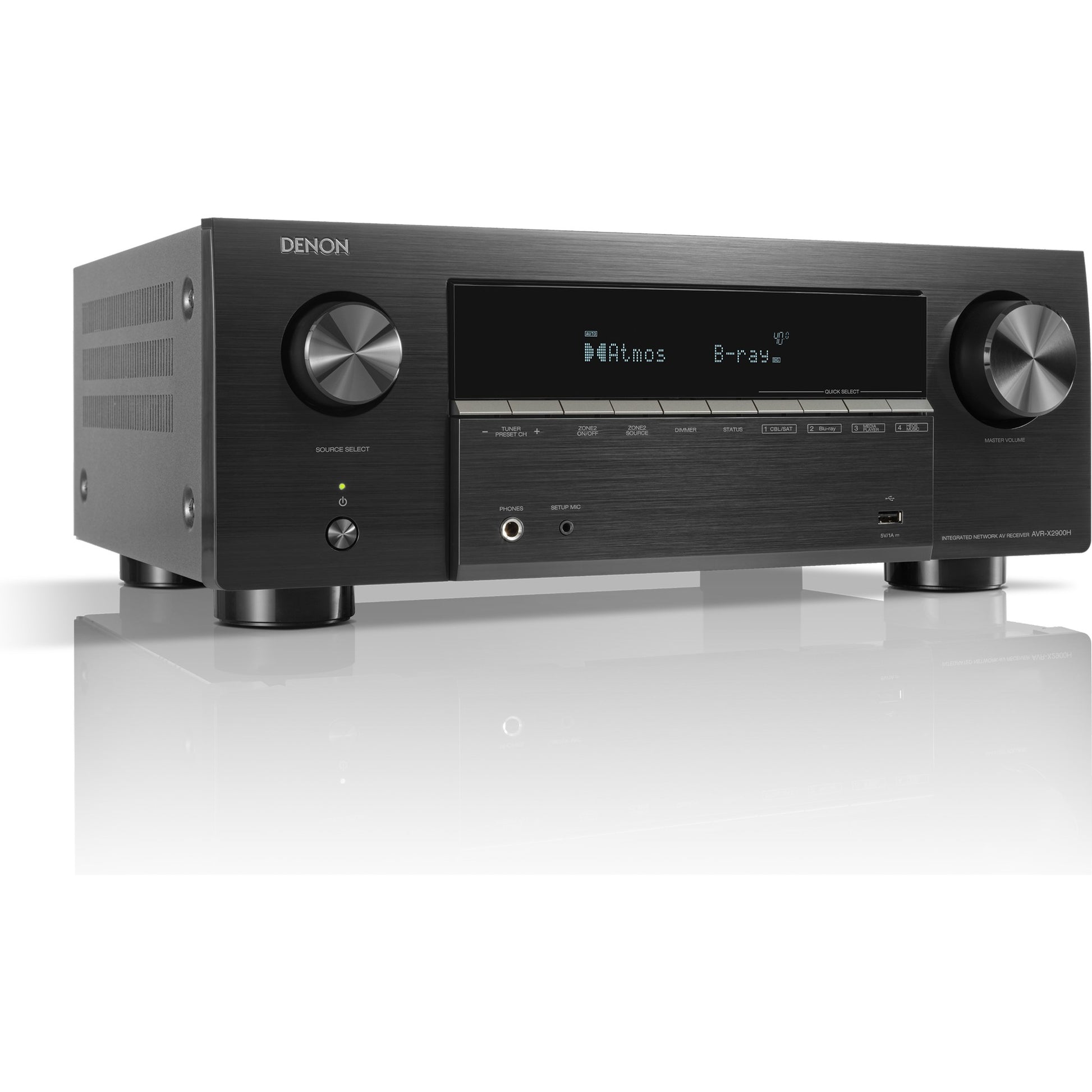 White Denon AVR-X2900H DAB stereo amplifier with multiple input ports and digital display, showcasing a sleek home audio receiver design.