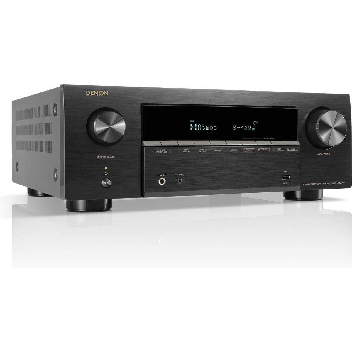 White Denon AVC-X3900H stereo amplifier showing front panel with control knobs and display screen.
