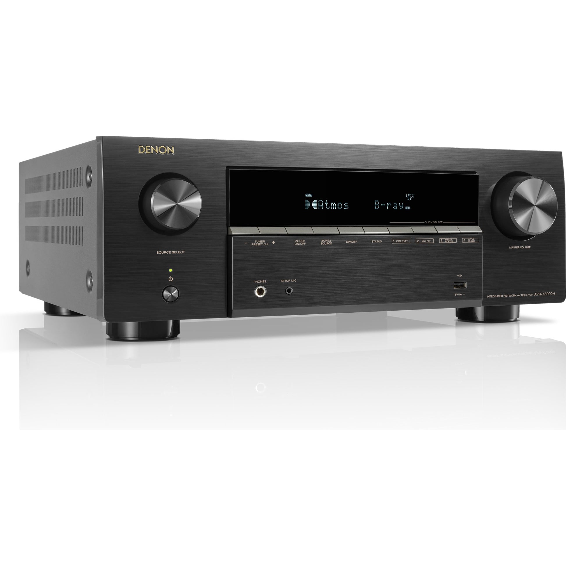 White Denon AVC-X3900H stereo amplifier showing front panel with control knobs and display screen.