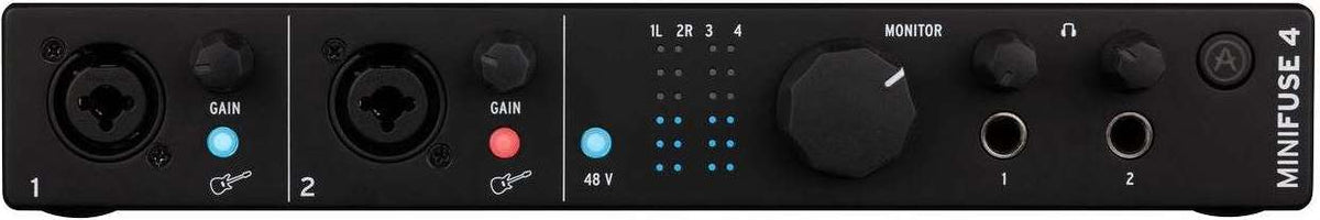Arturia MiniFuse 4 audio interface with multiple input and output ports, compact design, and professional-grade audio connectivity.