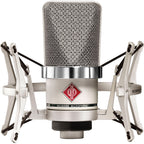 Neumann TLM 102 condenser microphone set with professional studio microphone and accessories for high-quality audio recording.