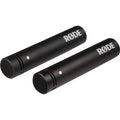Rode M5 MP condenser microphone with dual capsules and black finish, shown on a stand with cable attached.