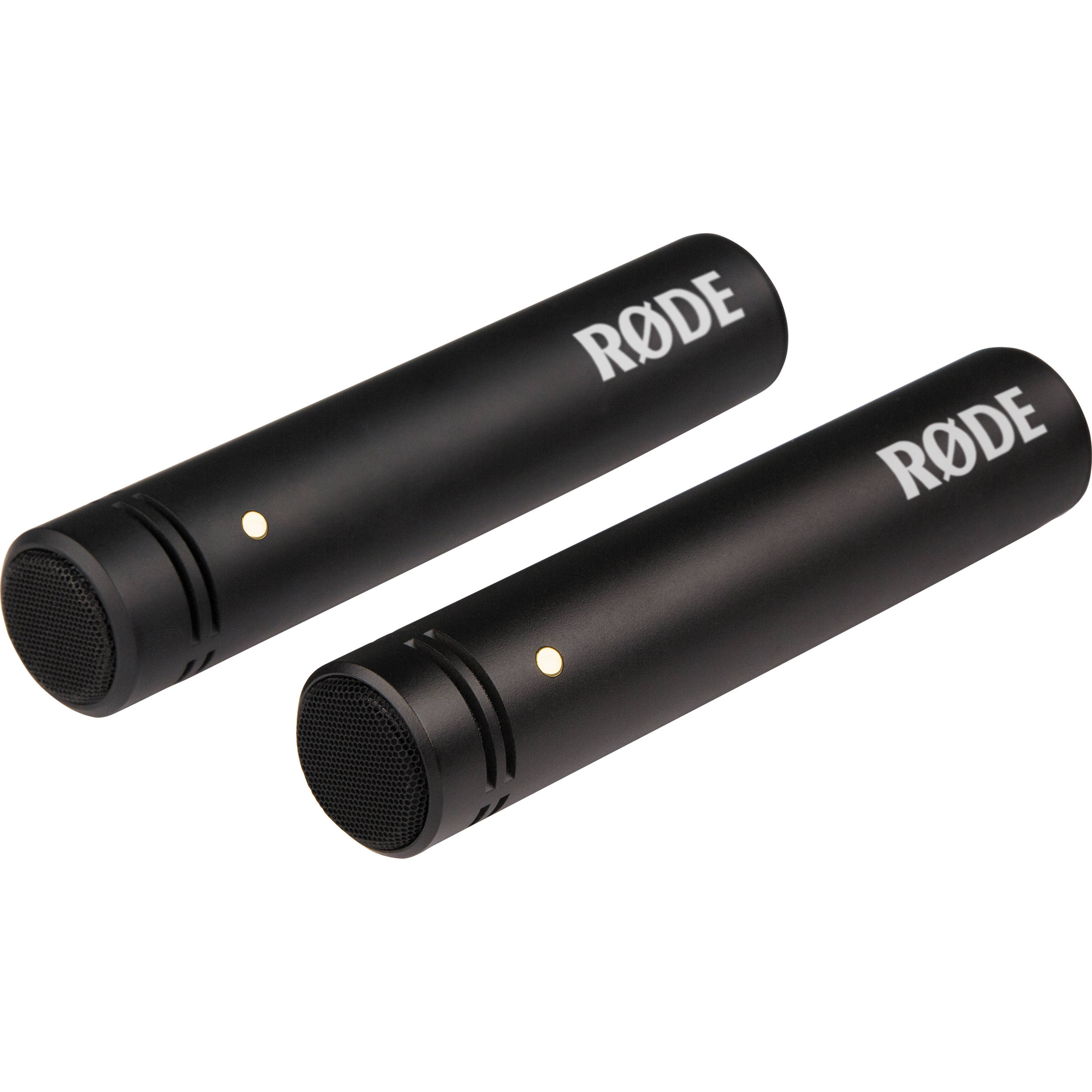 Rode M5 MP condenser microphone with dual capsules and black finish, shown on a stand with cable attached.