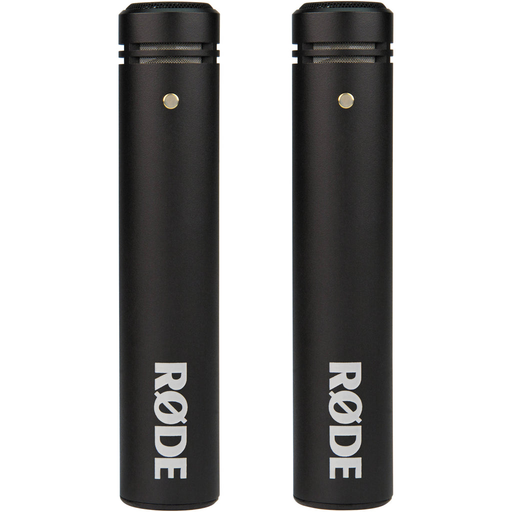 Rode M5 MP condenser microphone shown with dual microphone capsules and sleek black body for studio and recording use.