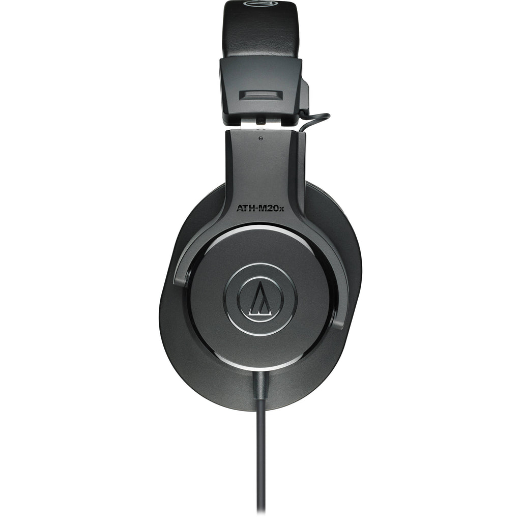 Audio Technica ATH-M20x studio headphones with over-ear design and padded ear cups, ideal for audio monitoring and recording.