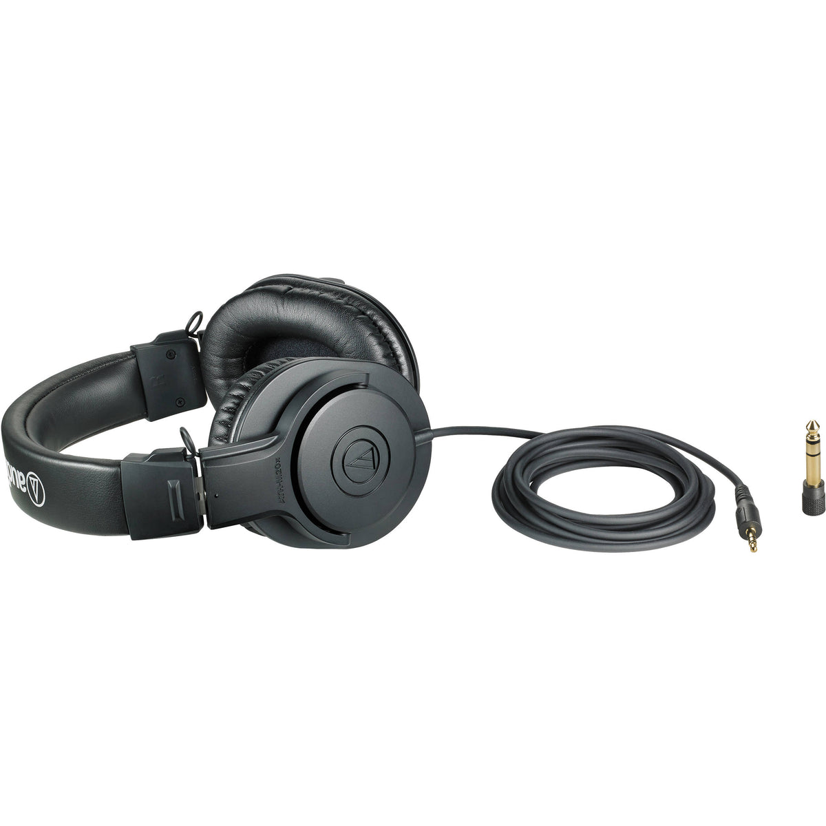 Audio Technica ATH-M20x studio headphones with over-ear design and adjustable headband, shown in a side view.