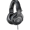 Audio Technica ATH-M30x studio headphones with over-ear design and adjustable headband, showing black ear cups and cable.