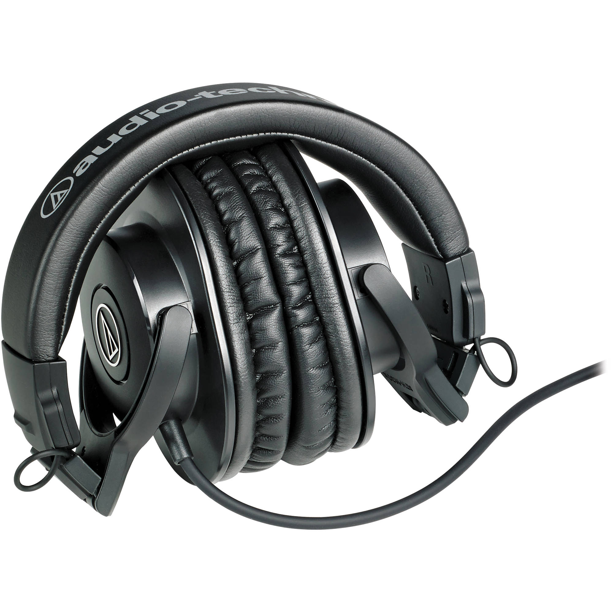Audio Technica ATH-M30x studio headphones with over-ear design and padded ear cups, ideal for professional audio monitoring.