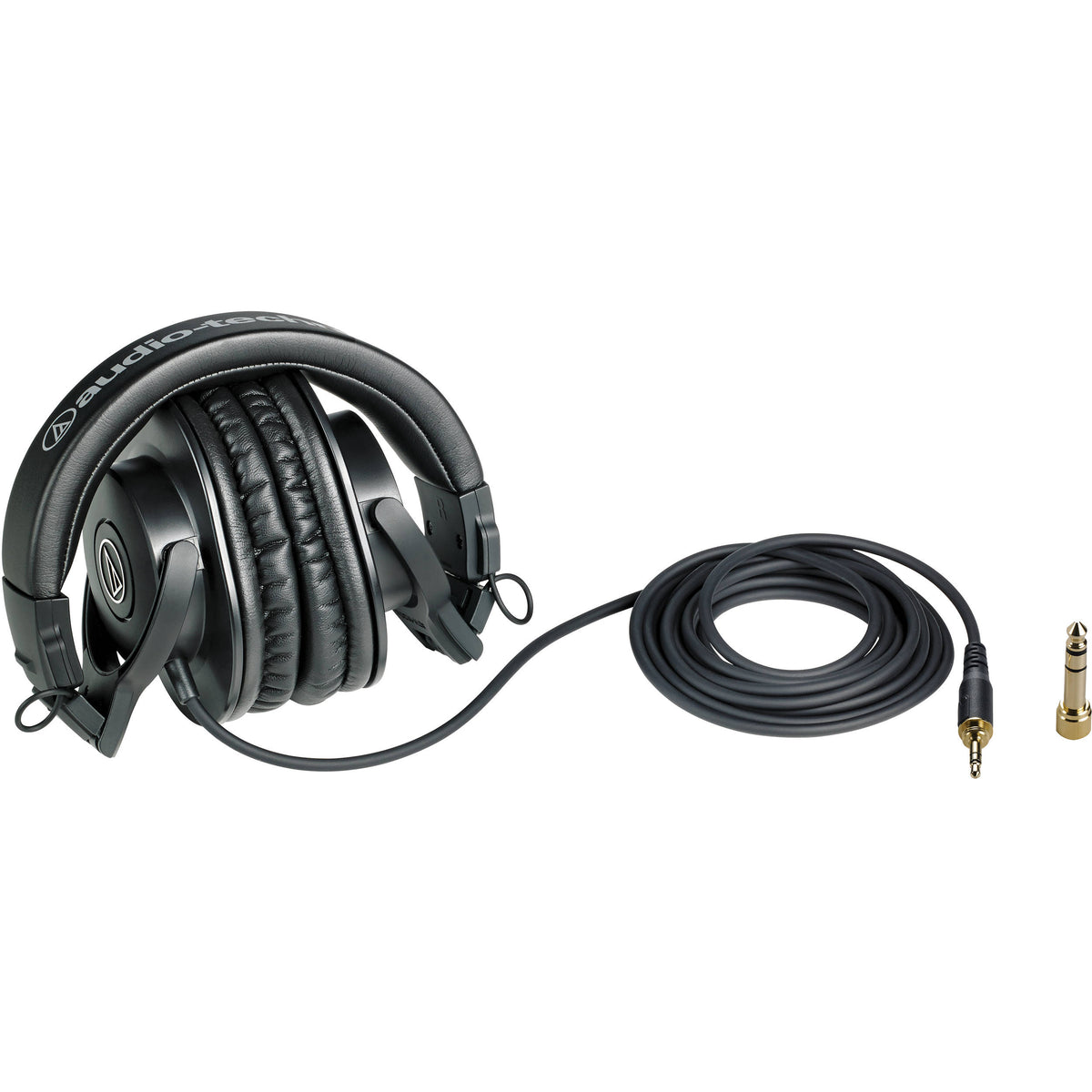 Audio Technica ATH-M30x studio headphones with over-ear design and adjustable headband, shown in a close-up view.