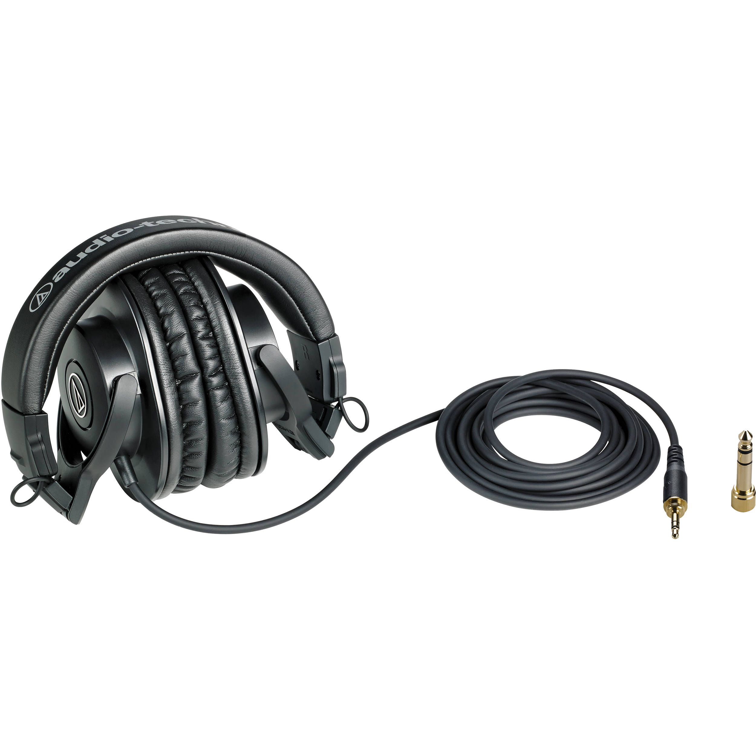 Audio Technica ATH-M30x studio headphones with over-ear design and adjustable headband, shown in a close-up view.