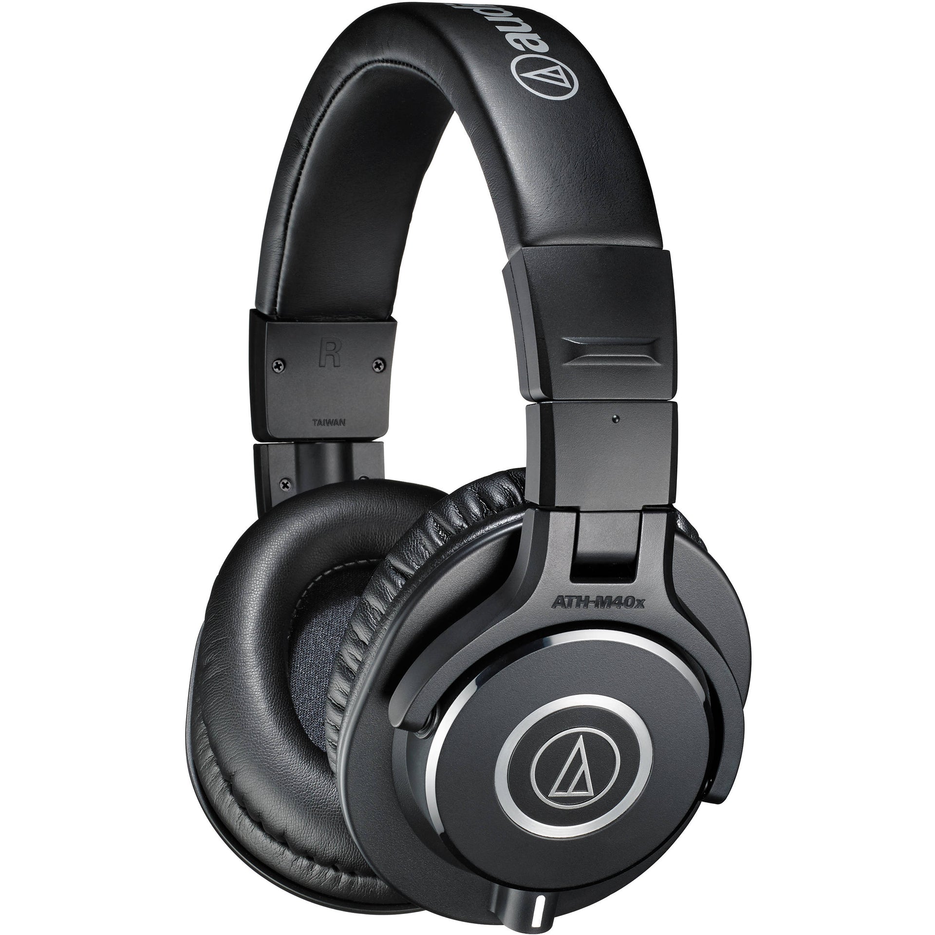 Audio Technica ATH-M40x studio headphones with over-ear design and adjustable headband, featuring large drivers for clear sound.