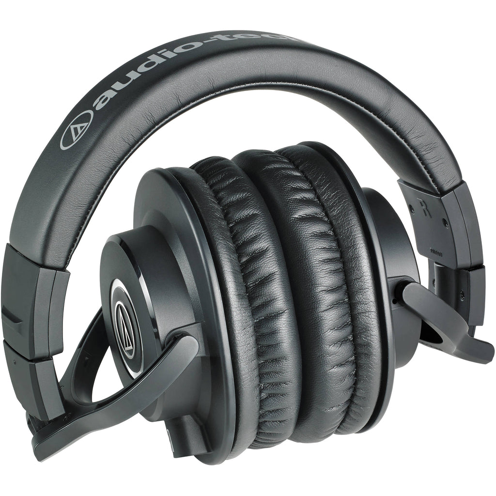 Audio Technica ATH-M40x studio headphones with over-ear design, black color, and padded ear cups for professional audio monitoring.