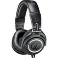 Audio Technica ATH-M50x studio headphones with over-ear design, black color, and padded ear cups for professional audio monitoring.