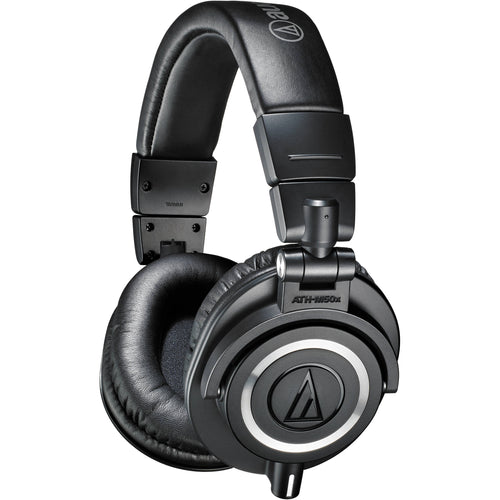 Audio Technica ATH-M50x studio headphones with over-ear design, black color, and padded ear cups for professional audio monitoring.