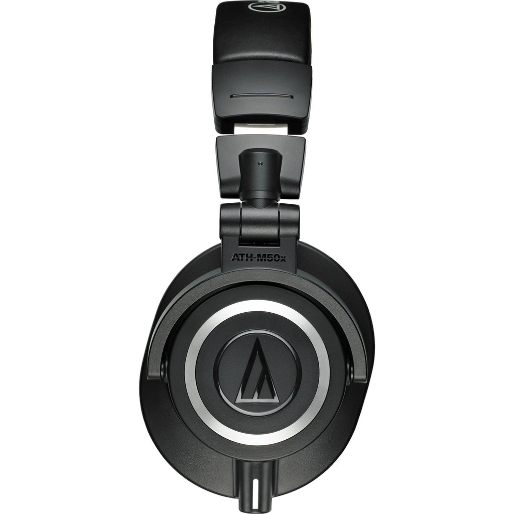 Audio Technica ATH-M50x studio headphones with over-ear design, black color, and cushioned ear cups for professional audio monitoring.