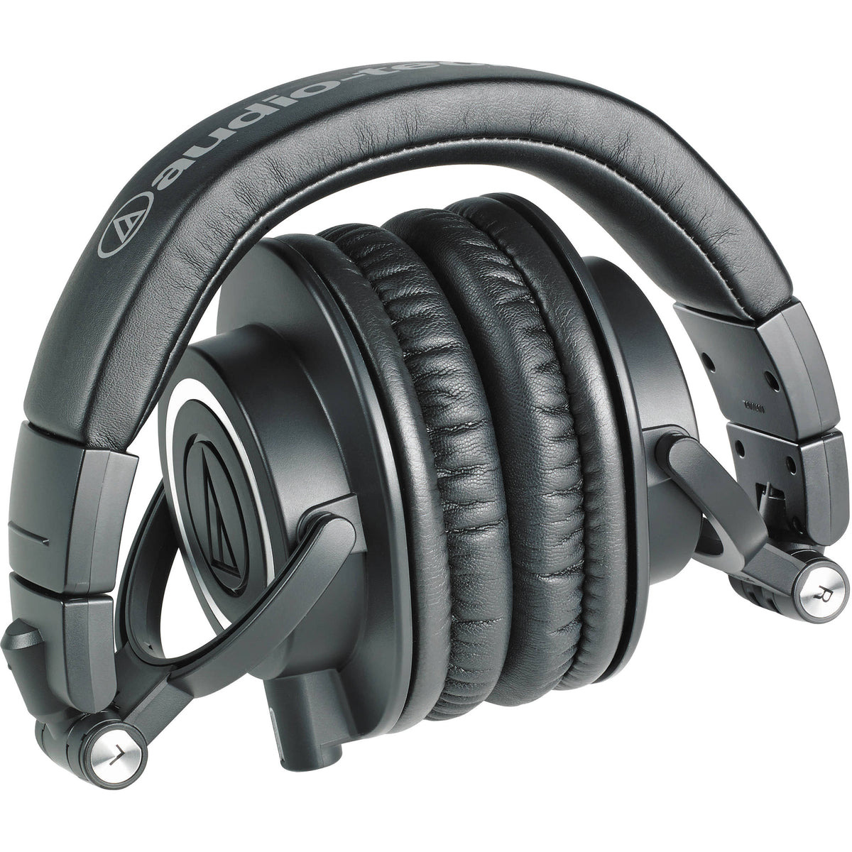 Audio Technica ATH-M50x studio headphones with over-ear design and cushioned ear cups, shown in black on a plain background.