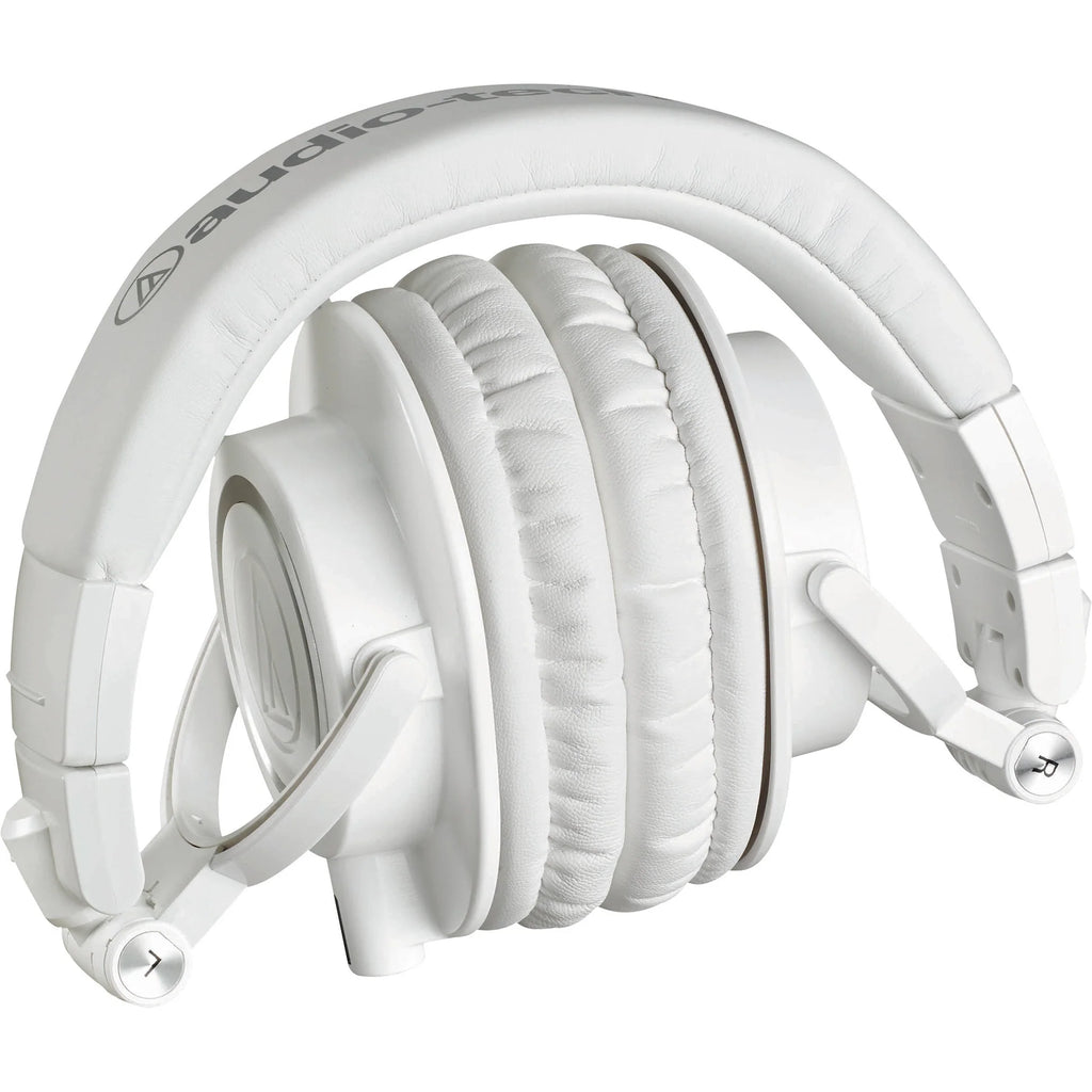 Audio Technica ATH-M50x studio headphones with over-ear design and large ear cups for professional audio monitoring.