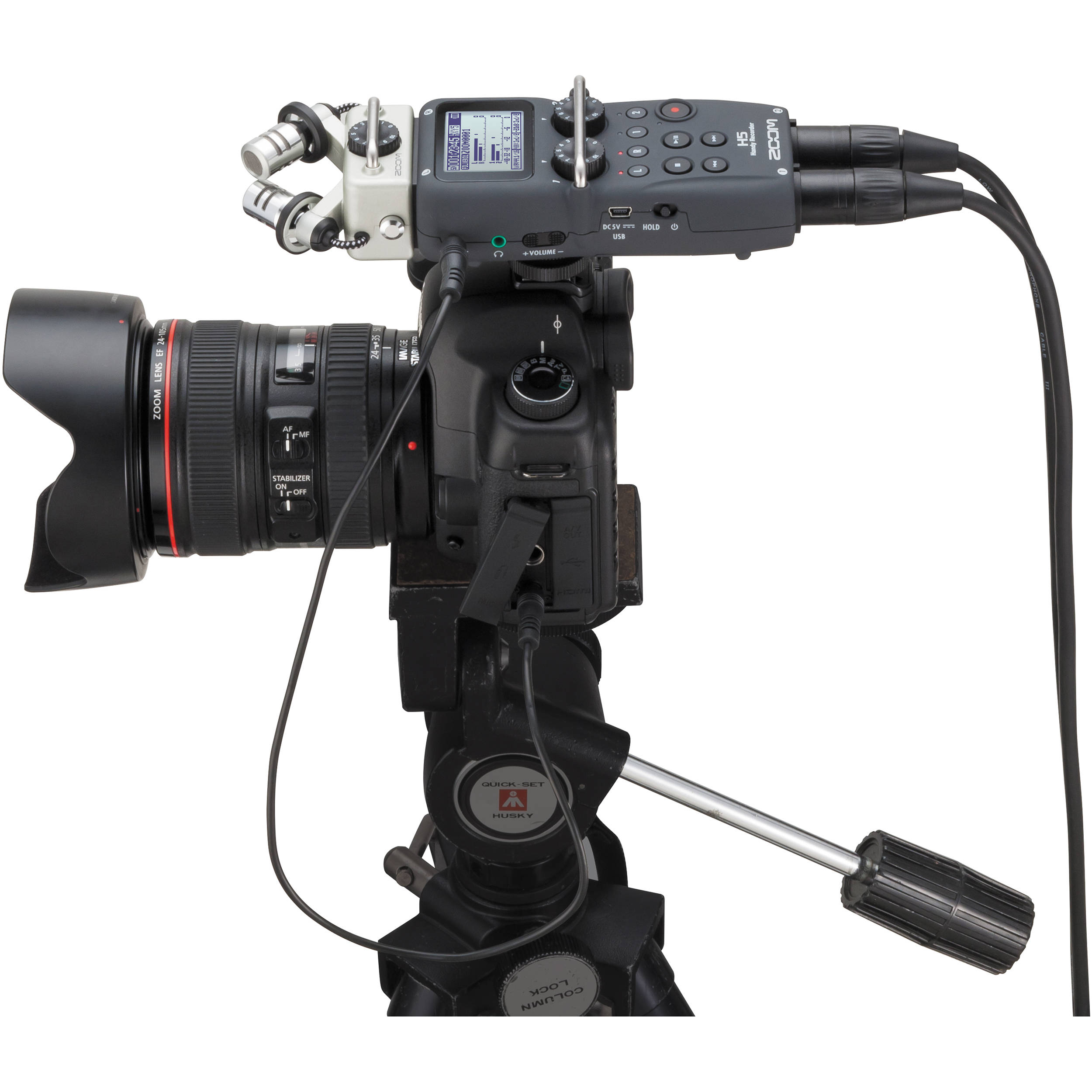 Zoom H5 digital recorder with detachable microphone capsules and control buttons, ideal for high-quality audio recording.