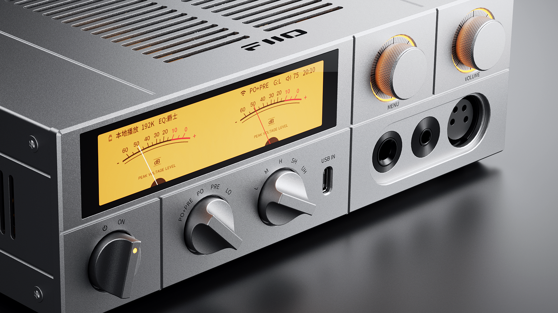 FiiO K17 headphone amplifier and DAC with sleek black design, multiple input ports, and digital volume control.