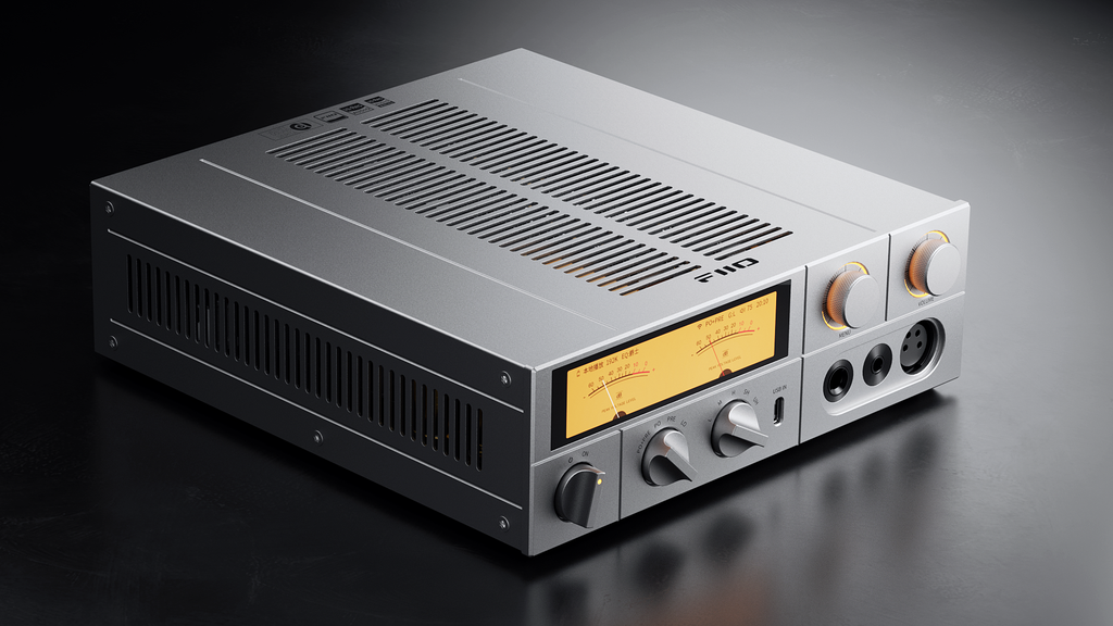 FiiO K17 headphone amplifier and DAC with sleek black design and multiple input options, showcasing high-quality audio equipment.