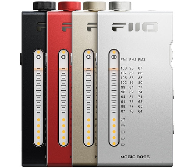 FiiO RR11 radio with digital display and control knobs, featuring a sleek black design and modern electronic interface.