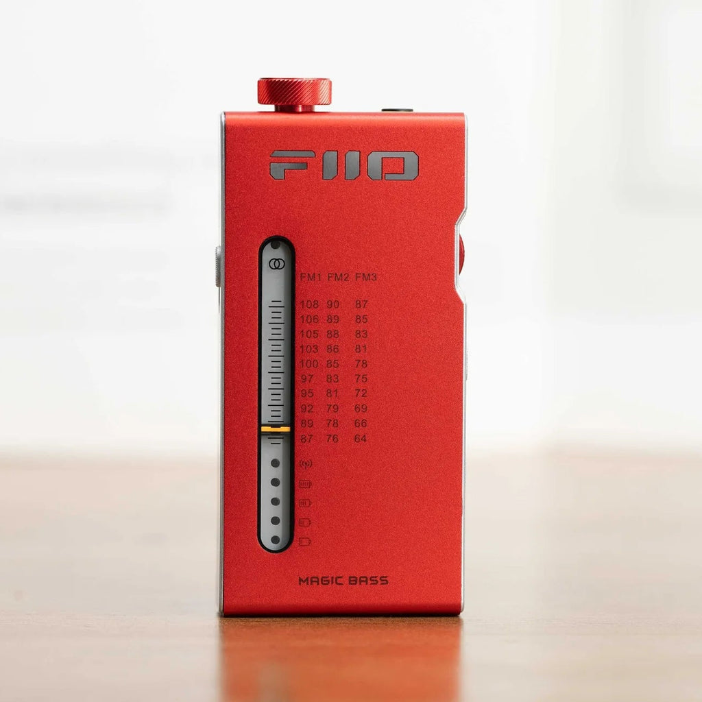 FiiO RR11 radio with digital display, tuning dial, and control buttons on a sleek black design.