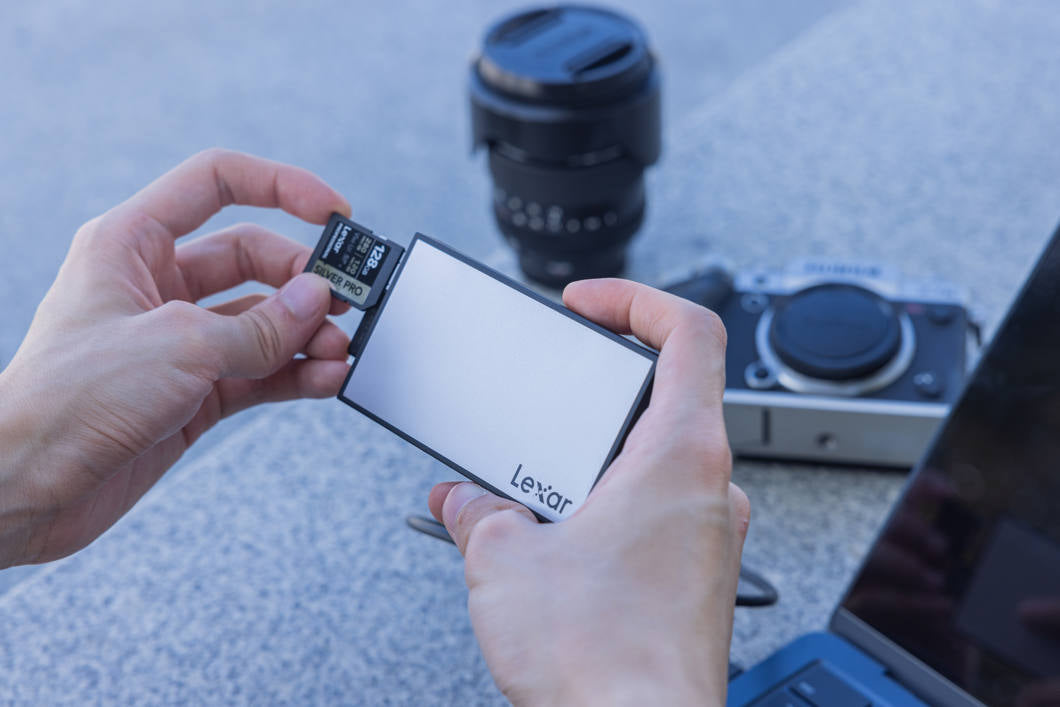 Lexar Workflow dual-slot SD UHS-II card reader with two slots for fast data transfer and easy card access.