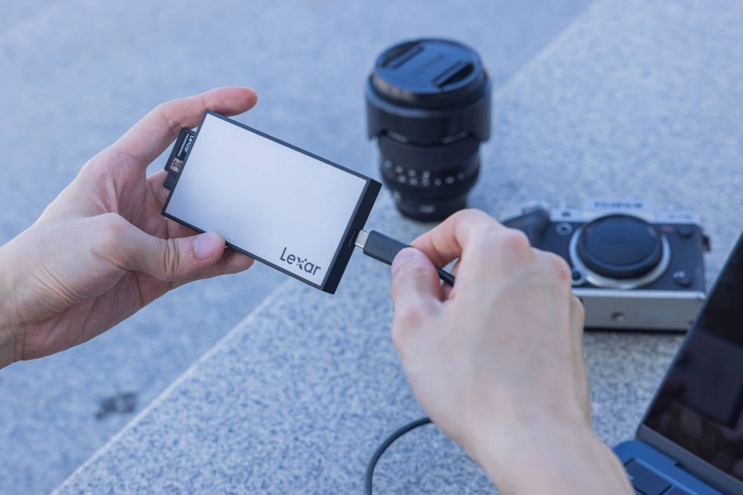 Lexar Workflow Dual-Slot SD UHS-II Card Reader with two slots for fast memory card transfer and data management.