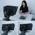 Feelworld TP16 teleprompter with adjustable glass and metal frame, designed for smooth script reading during filming.