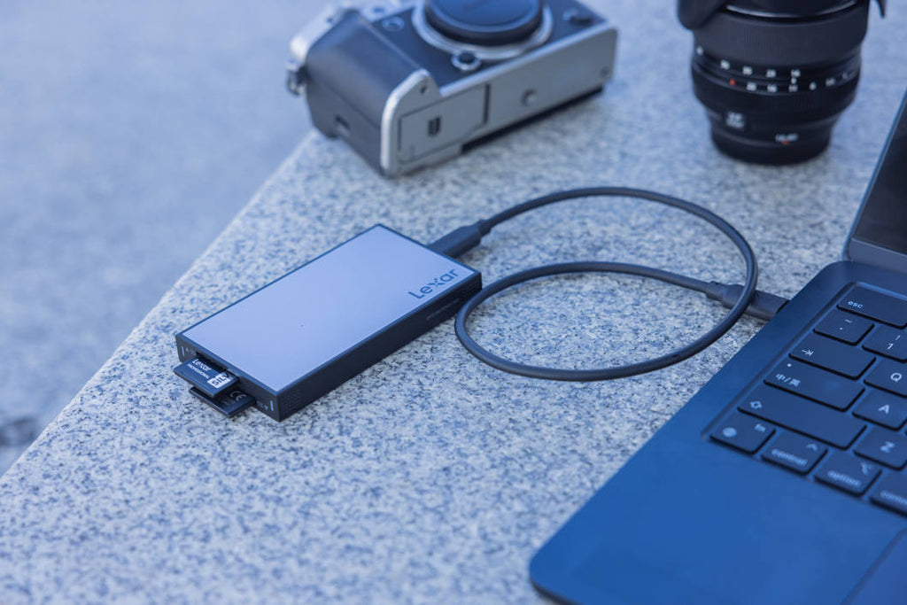 Lexar Workflow Dual-Slot SD UHS-II Card Reader showing two card slots for high-speed data transfer and professional media management.