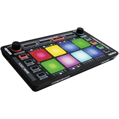 Reloop Neon DJ effects device with colorful LED lights and control knobs for live music mixing and sound effects.