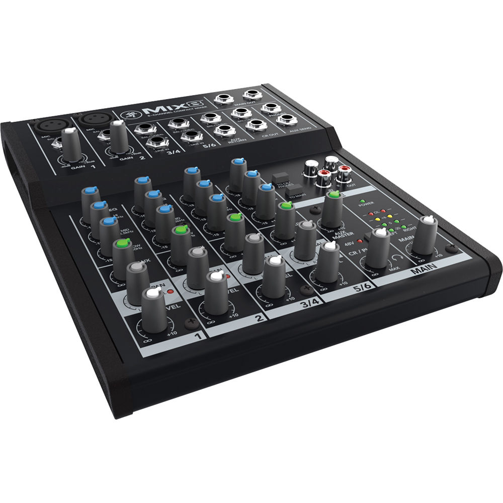 Mackie Mix8 analog mixer with multiple input channels, knobs, and controls for audio mixing and sound adjustment.