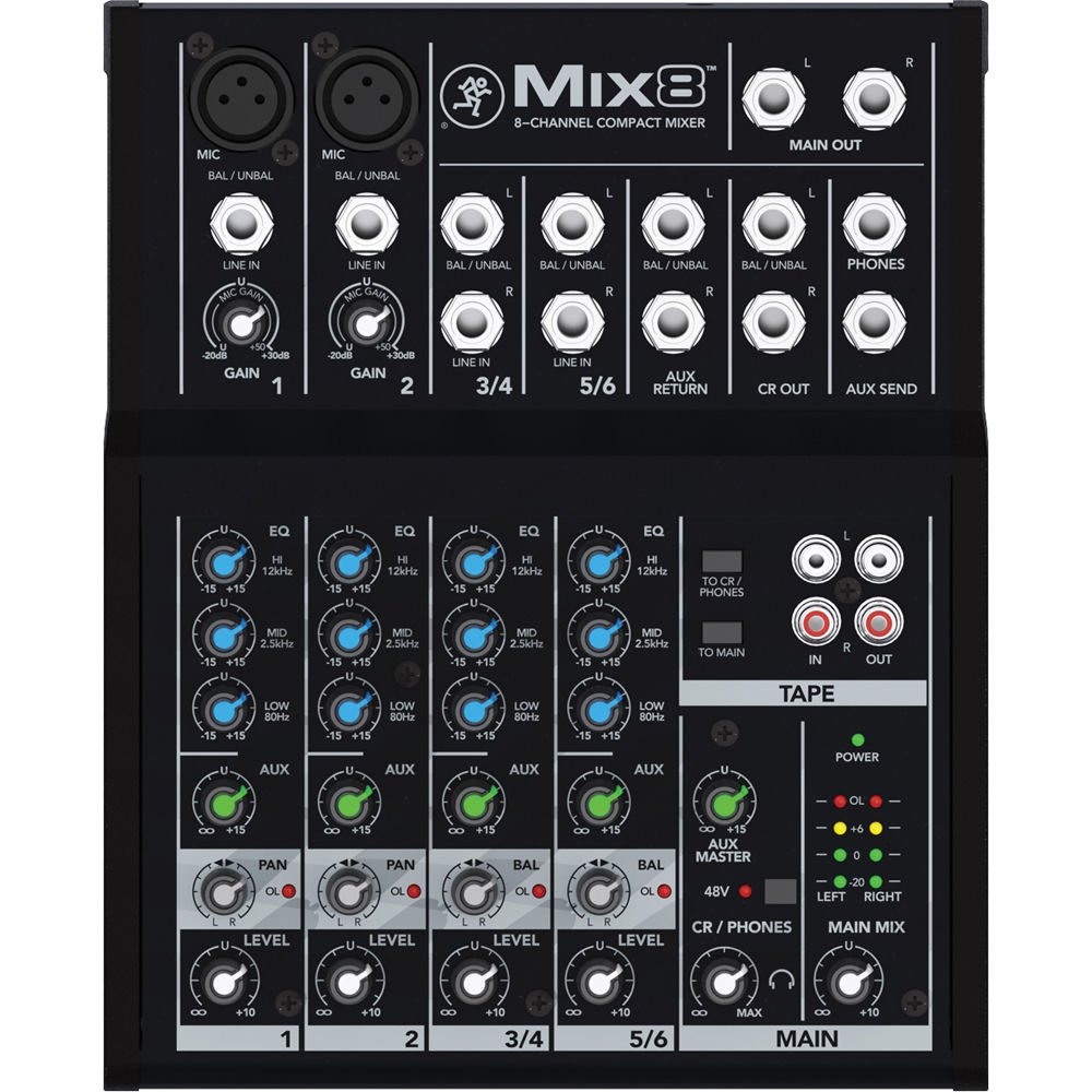 Mackie Mix8 analog mixer with multiple input channels, knobs, and sliders for audio mixing and sound control.