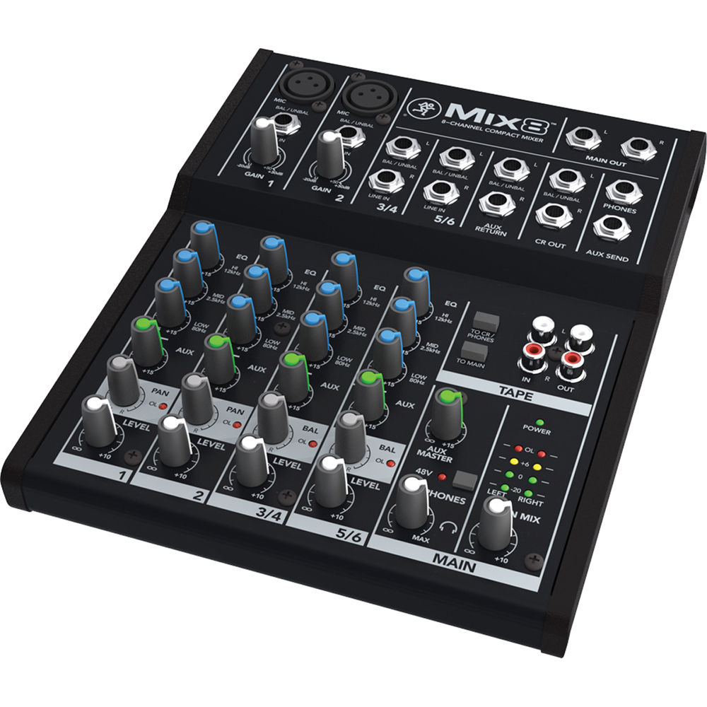 Mackie Mix8 analog mixer with multiple input channels and control knobs, compact audio mixing device.