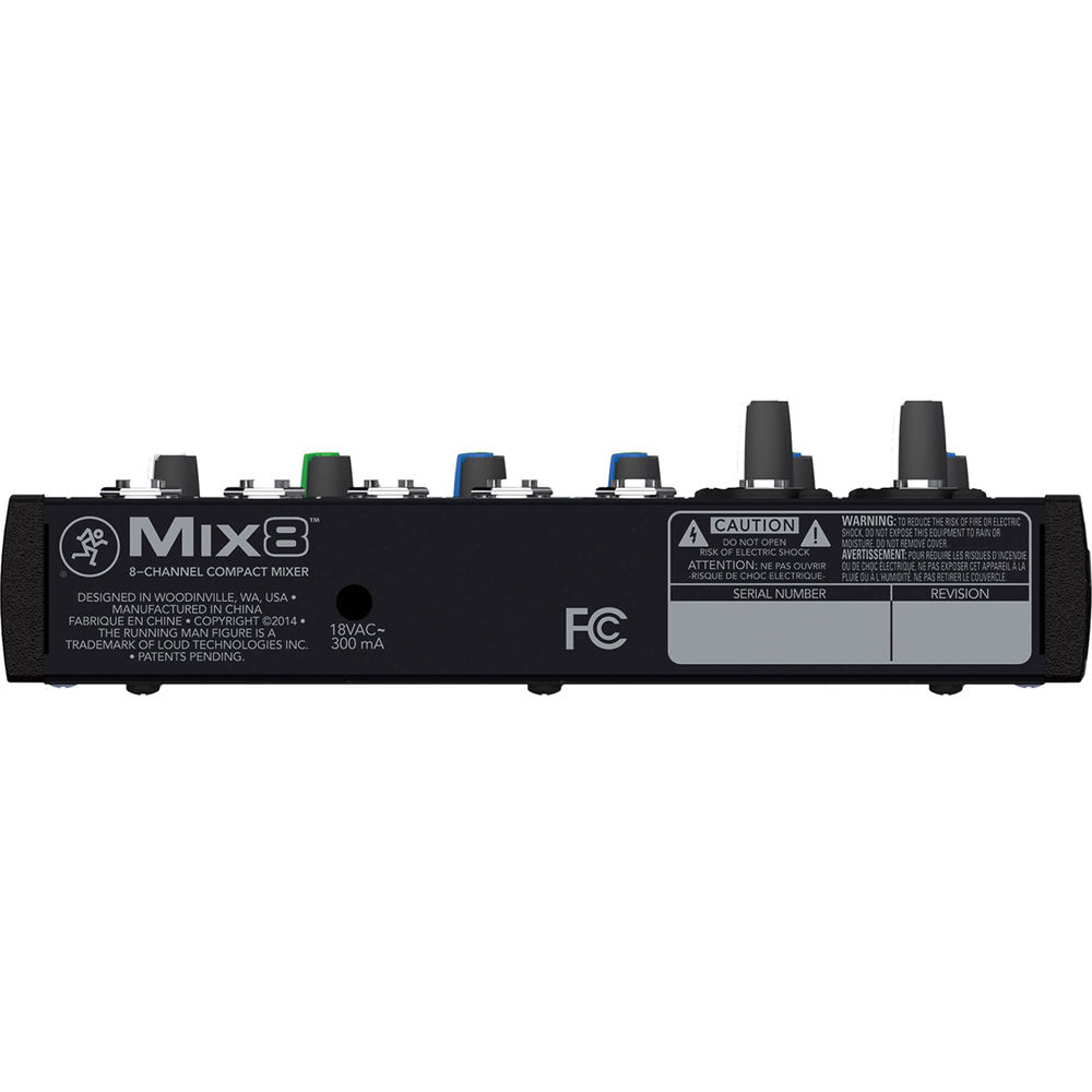 Mackie Mix8 analog mixer with multiple input channels, knobs, and sliders for audio mixing and sound control.