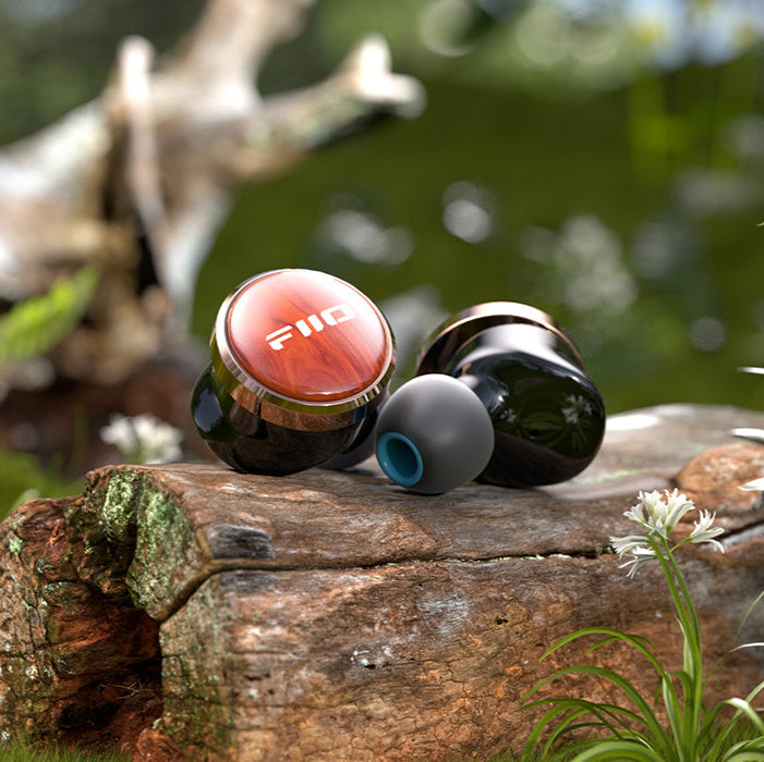 FiiO FP3 in-ear headphones with black earbuds and sleek design, shown resting on a white background.